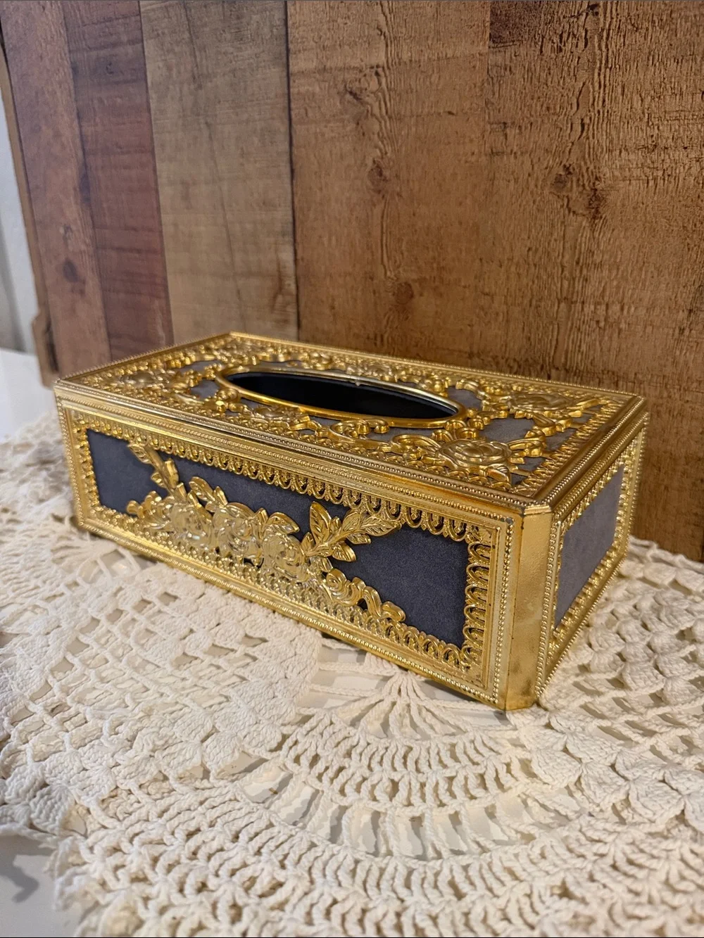 Vtg Hollywood Regency Style Gold Tone Filligree Flocked Blue Tissue Box Cover